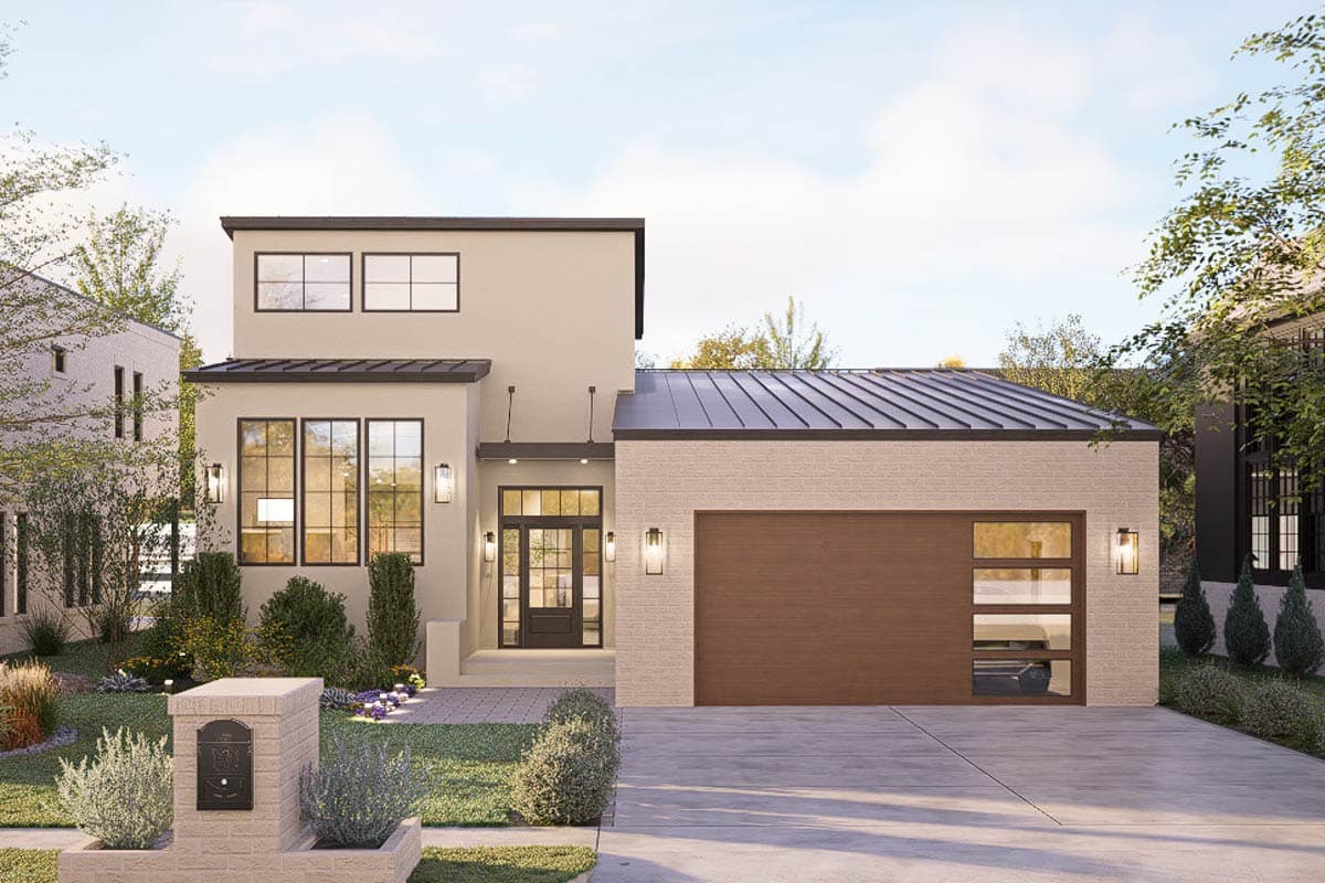 House plan exterior: Two-story modern home with stucco and brick facade, metal roof, large windows, and attached garage.