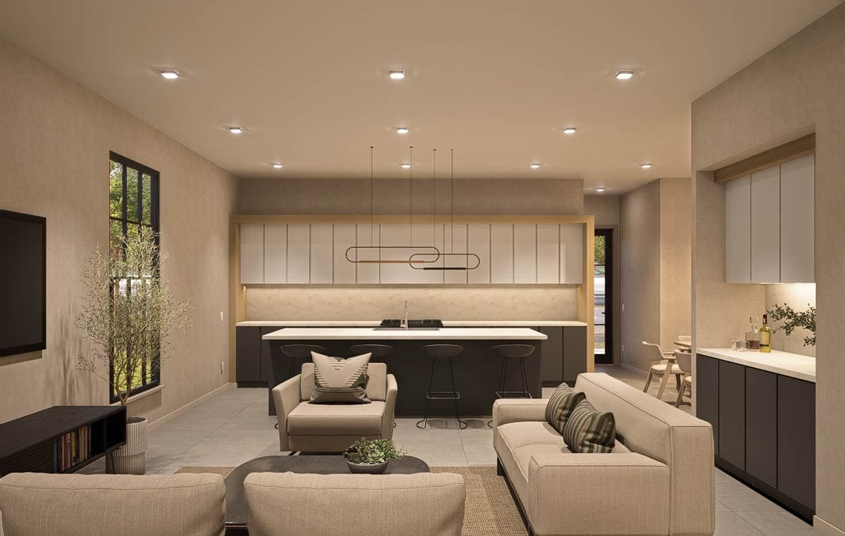 Interior rendering of a living area with kitchen island, bar stools, sofas, and a large window.