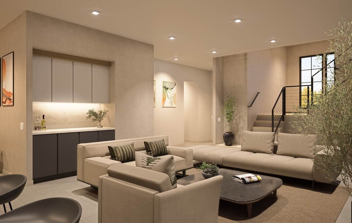 Interior rendering of living area with modular sofa, coffee table, built-in bar, and staircase.