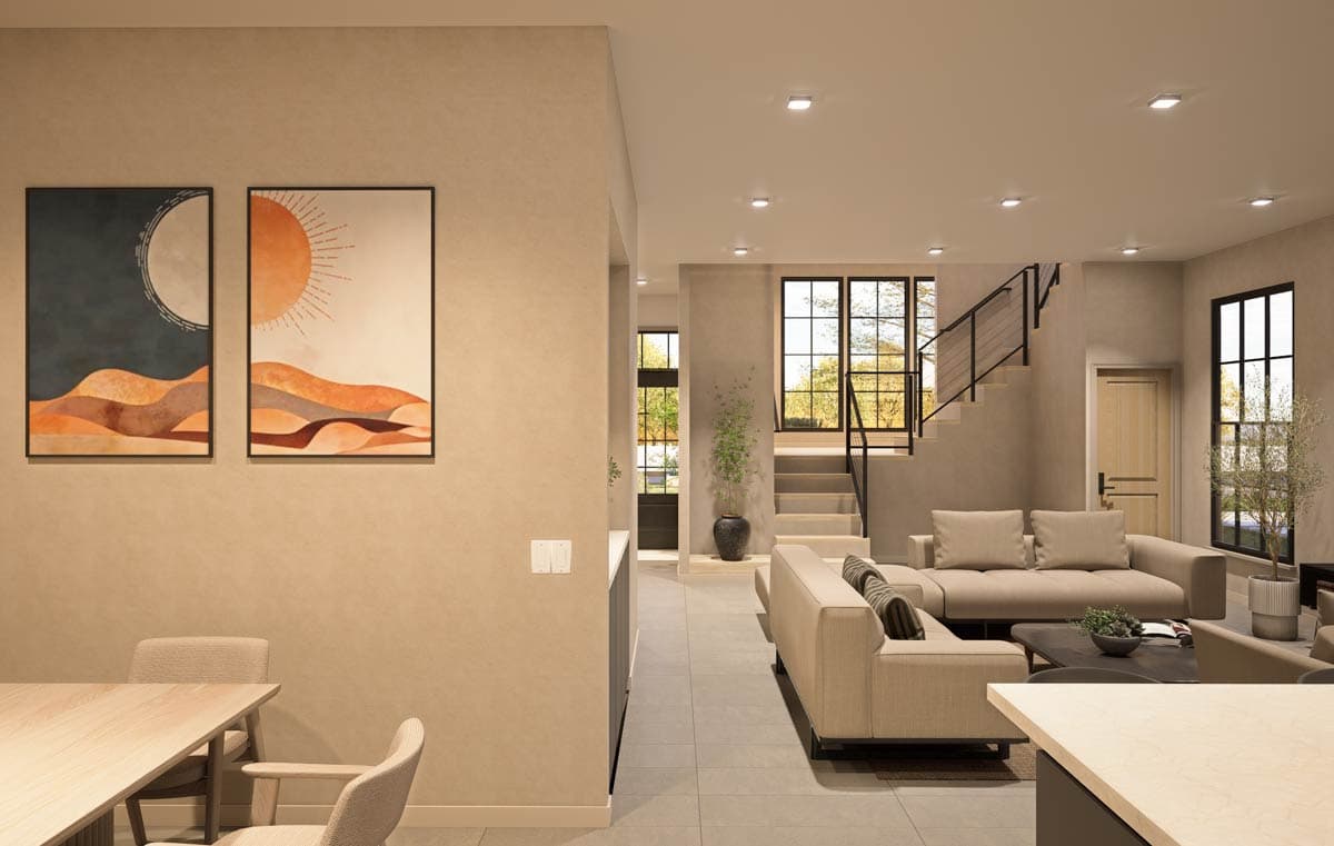 Interior rendering of an open-concept living area with a sectional sofa, modern staircase, and large windows.