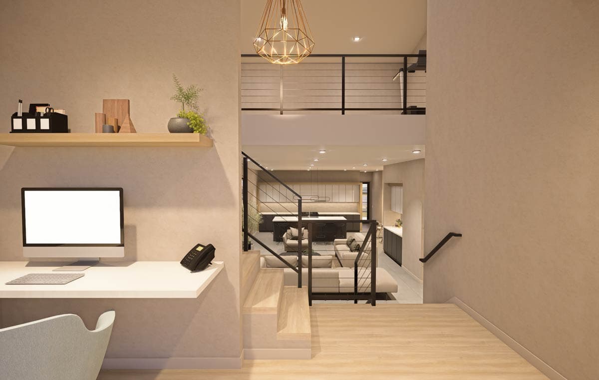 Interior rendering shows a home office nook overlooking an open concept living area with a large kitchen island and sofa seating.