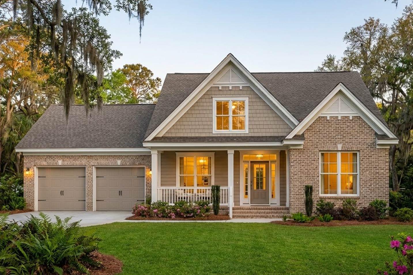 House plan exterior: Two-story Modern Farmhouse with brick facade, front porch, dual garage doors, and gable dormers.