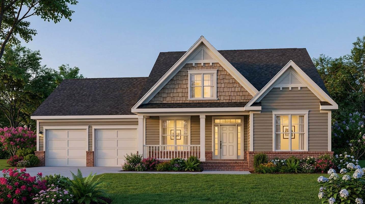 House plan exterior: Craftsman style, 1.5 stories, double garage, covered front porch with white railings, gable rooflines.