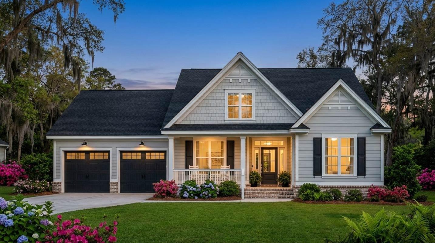 House plan exterior of a one-story Modern Farmhouse with a two-car garage, covered front porch, and prominent gables.