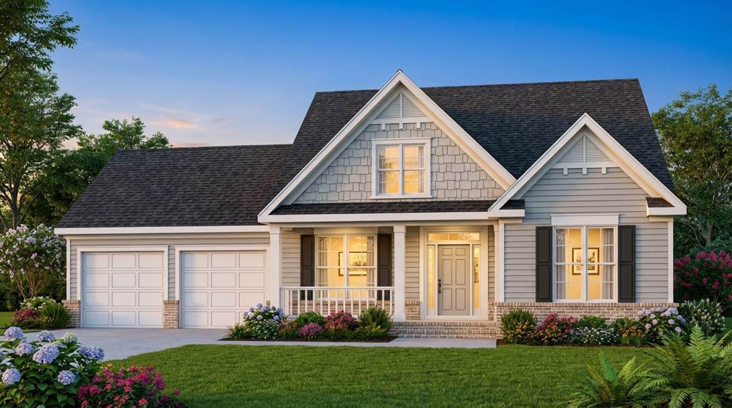 House plan exterior: Modern Farmhouse style, two stories, front-facing two-car garage, covered front porch with columns, and gabled dormers.