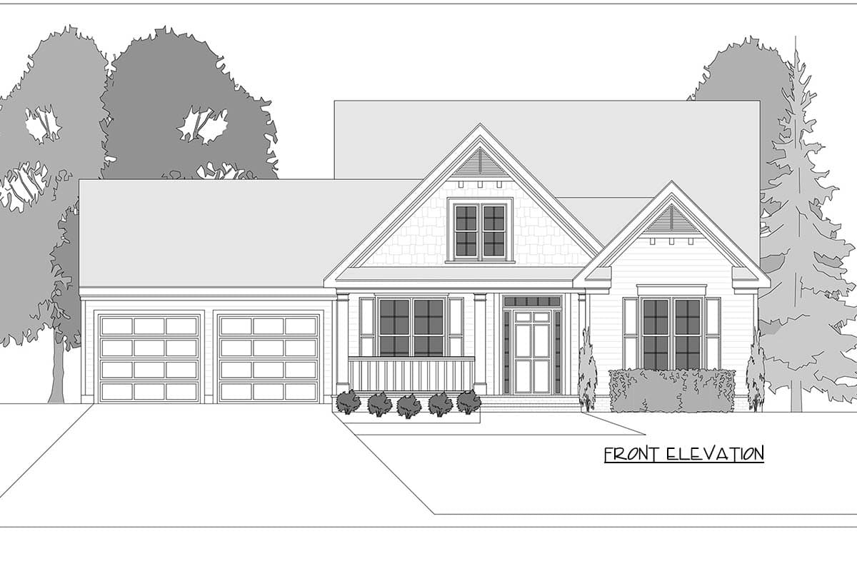 Front elevation house plan with two-car garage, front porch, gable dormer, and shingled gable.