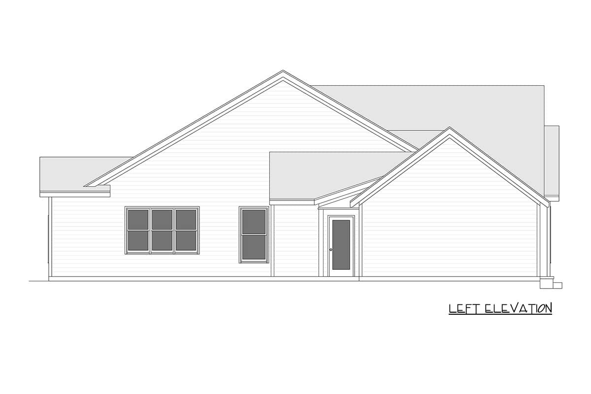Left elevation of a single-story house plan featuring multiple gables, hip roof sections, and horizontal siding.