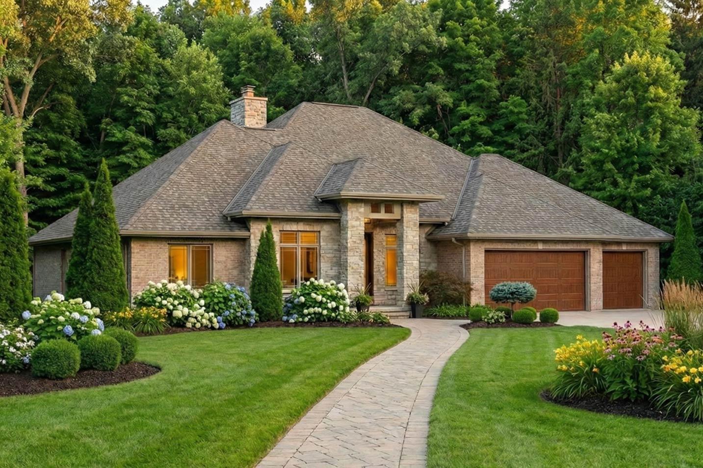 House plan exterior featuring a stone and brick facade, pitched roof, and a three-car garage.