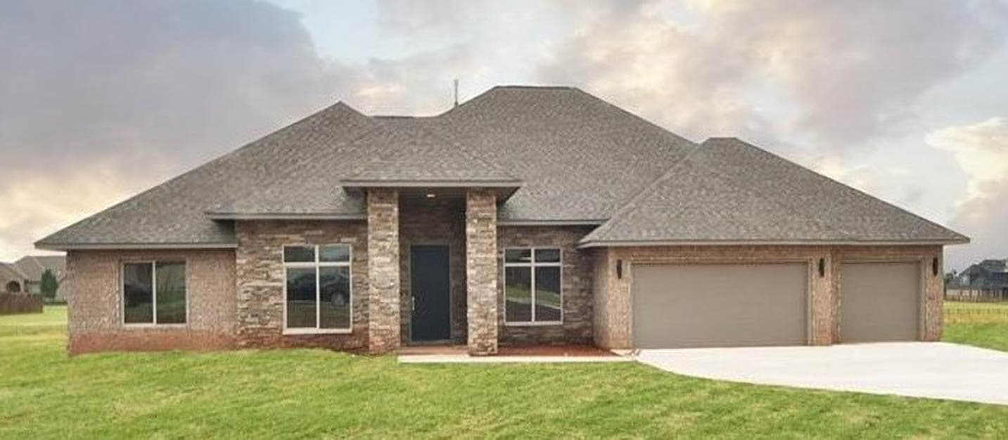 House plan exterior: One-story home with stone accents, a covered entry supported by columns, and a three-car garage.
