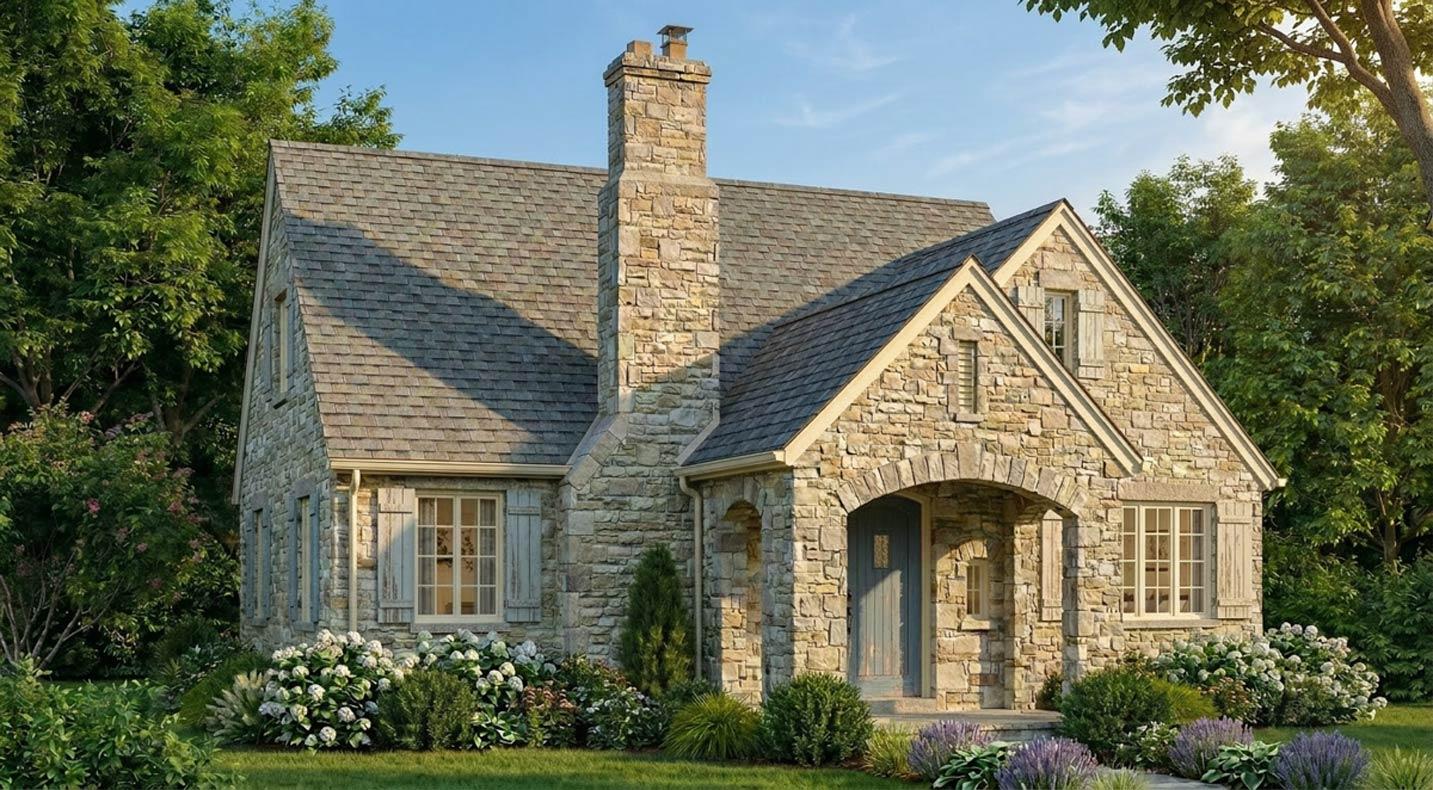 House plan exterior: stone facade, arched entry, prominent stone chimney, and gable dormers. Classic architectural elements.