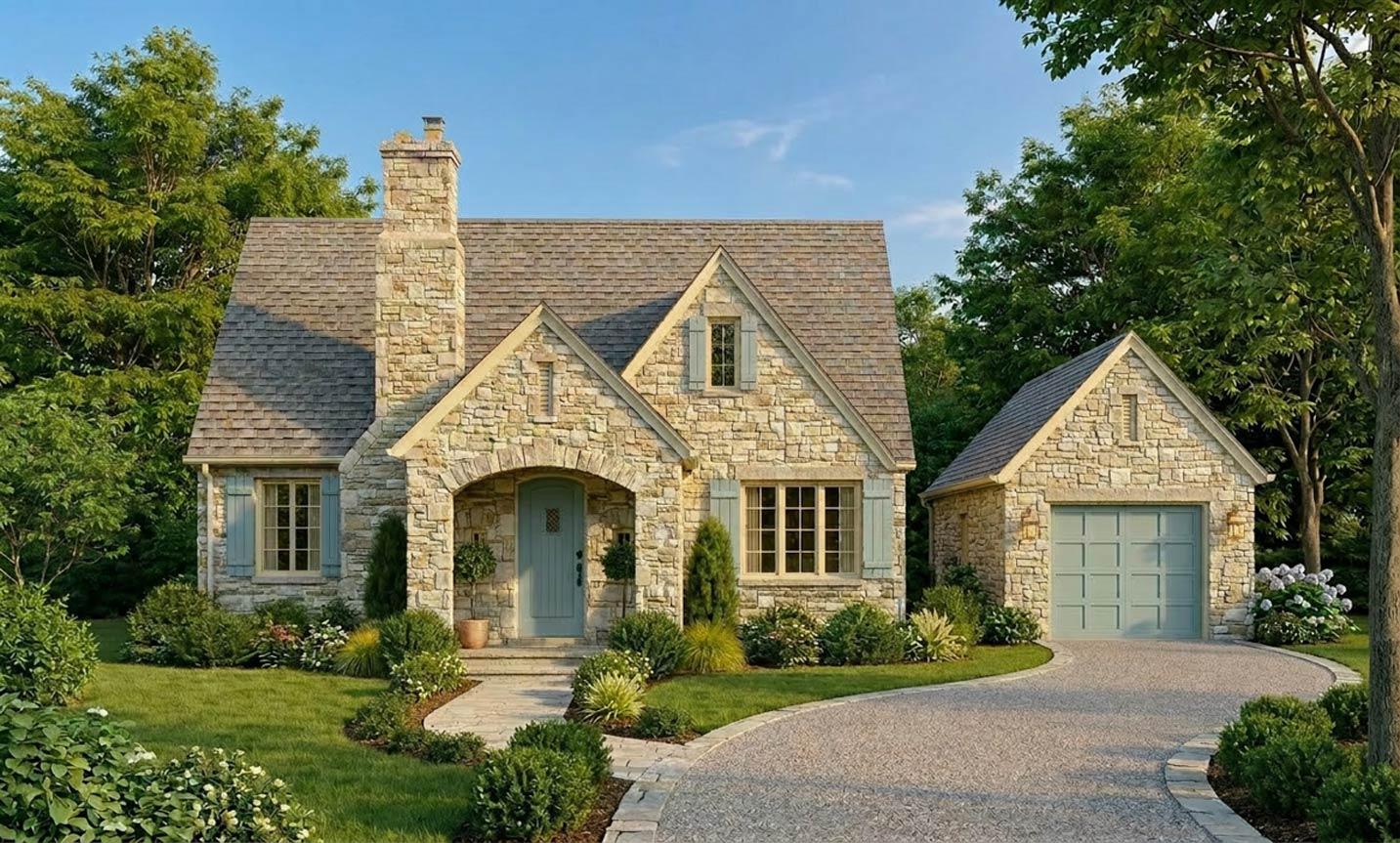 House plan exterior: Stone cottage with prominent arched entryway, stone chimney, gabled roof, and detached garage.