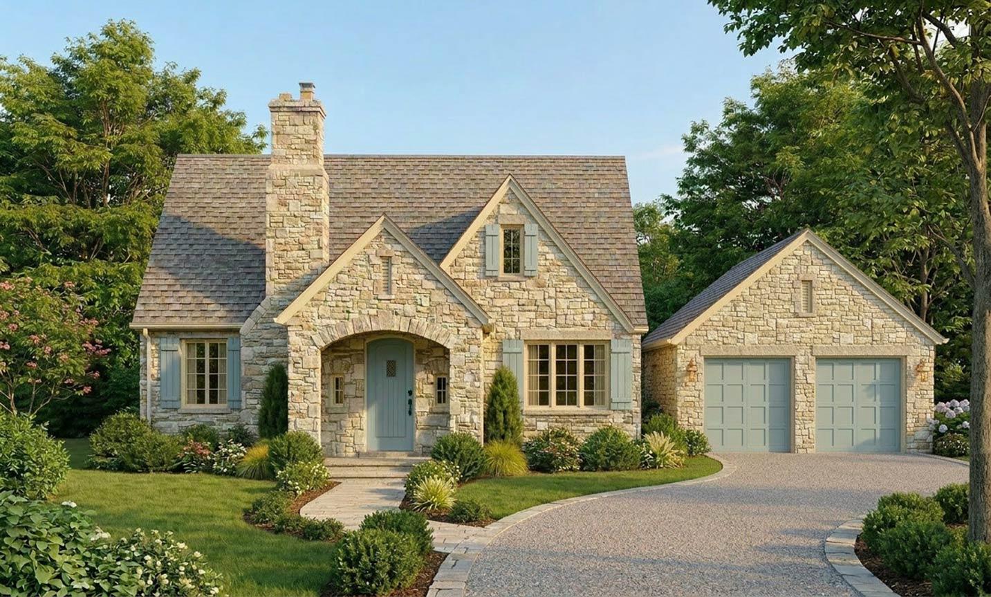 House plan exterior: stone cottage with arched entryway, prominent chimney, dormer window, and attached two-car garage.