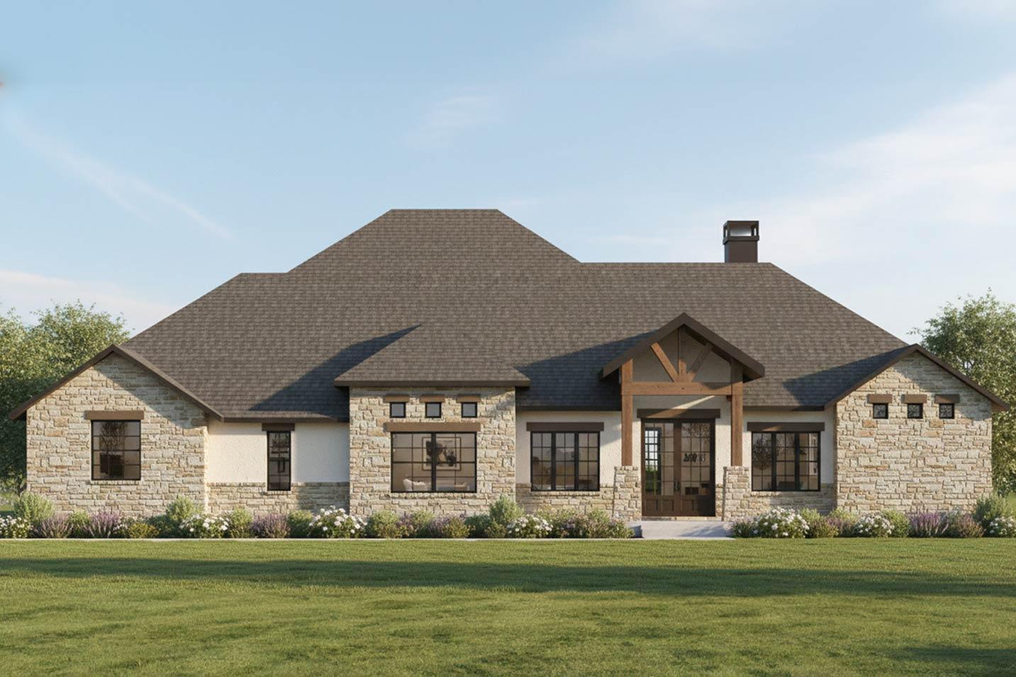 House plan exterior: One-story Modern Farmhouse with stone accents, a covered entry with exposed beams, and a prominent gable.