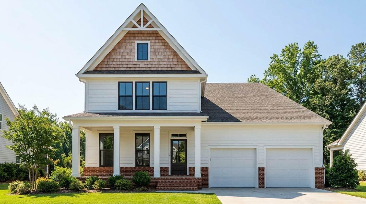 House plan exterior: Two-story Modern Farmhouse with covered front porch, brick base, cedar shake gable, and side-facing three-car garage.