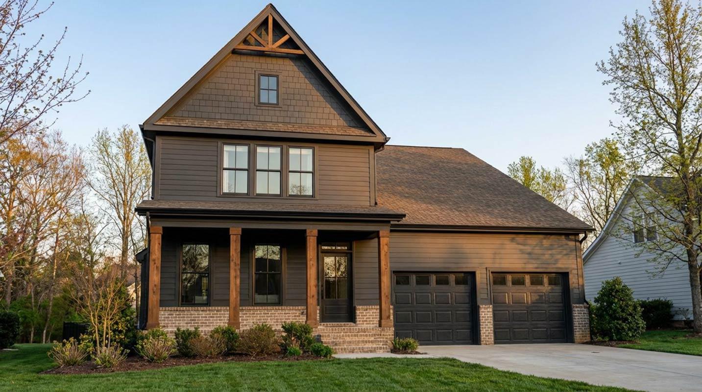 Modern Farmhouse house plan exterior with a covered front porch, two-car garage, and decorative gable.