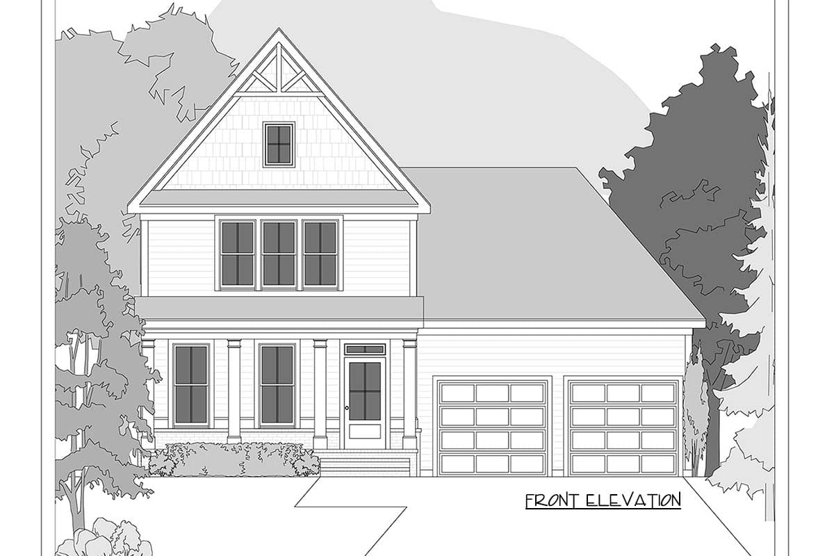Front elevation house plan featuring a covered front porch, gabled dormer with decorative truss, and a three-car garage.