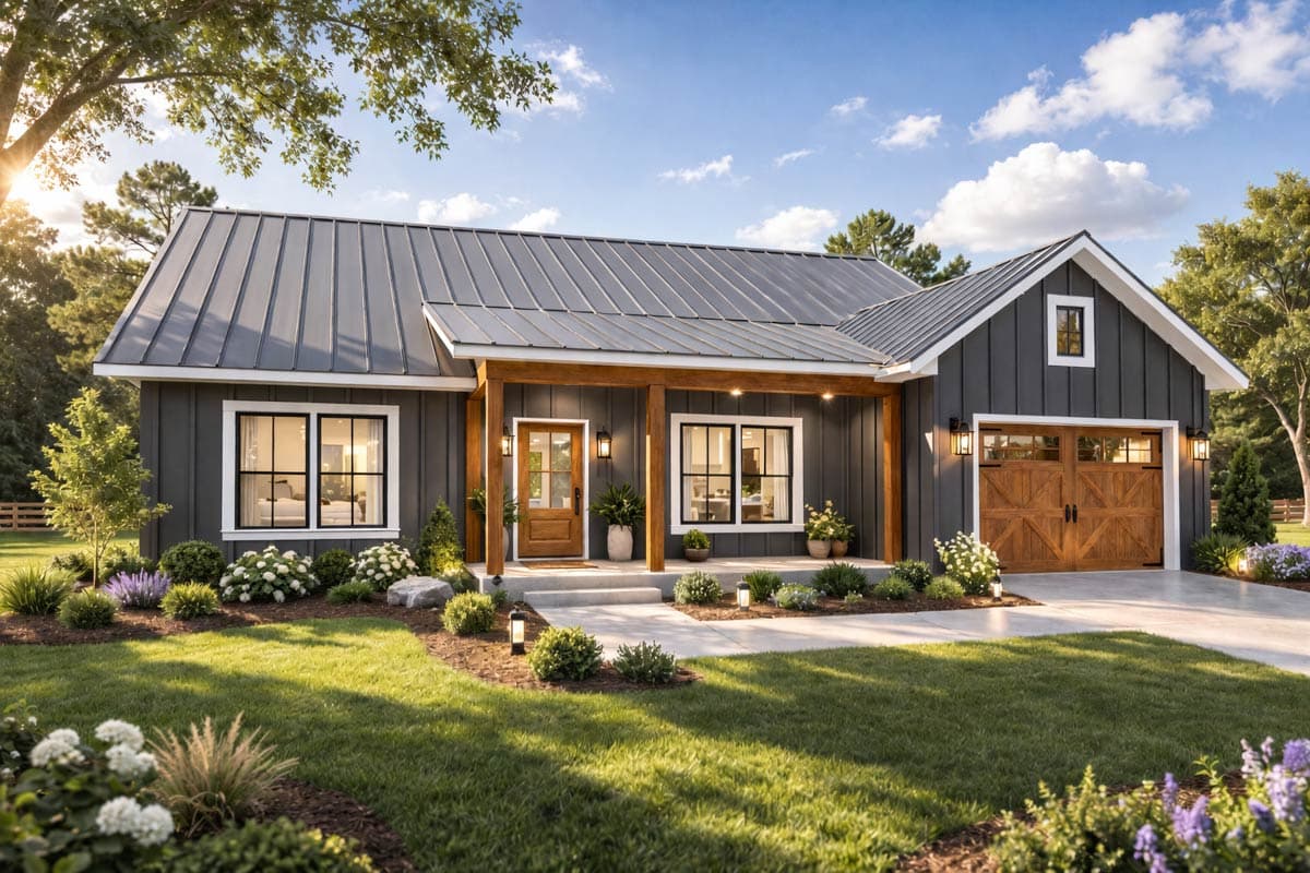 Modern Farmhouse house plan exterior with gray board-and-batten siding, metal roof, timber porch posts, and wood garage door.