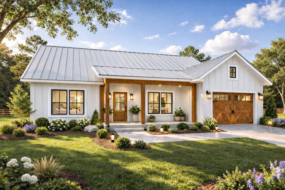 Modern Farmhouse house plan exterior with metal roof, wooden beams, a covered porch, and a two-car garage.