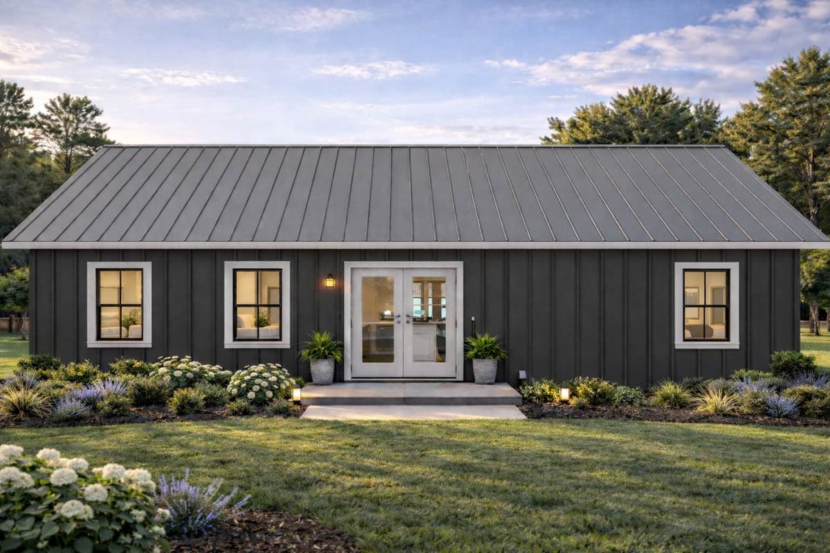 Modern Farmhouse house plan exterior, one story, with metal gable roof, vertical siding, and double glass doors.