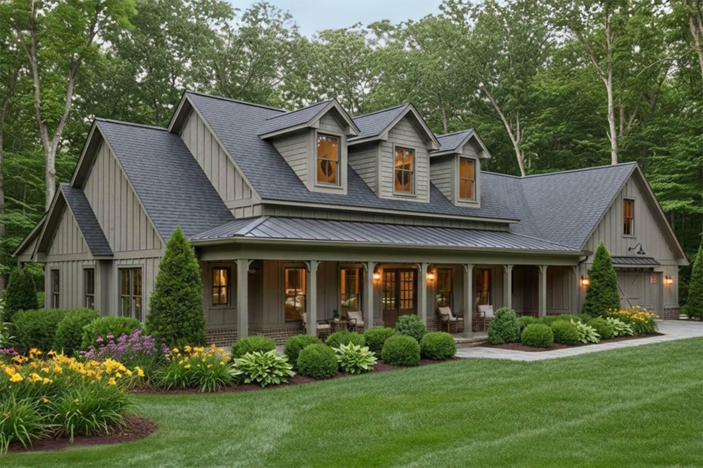 House plan exterior: Craftsman style, two stories, full-width porch with columns, multiple gables, dormer windows, and attached garage.