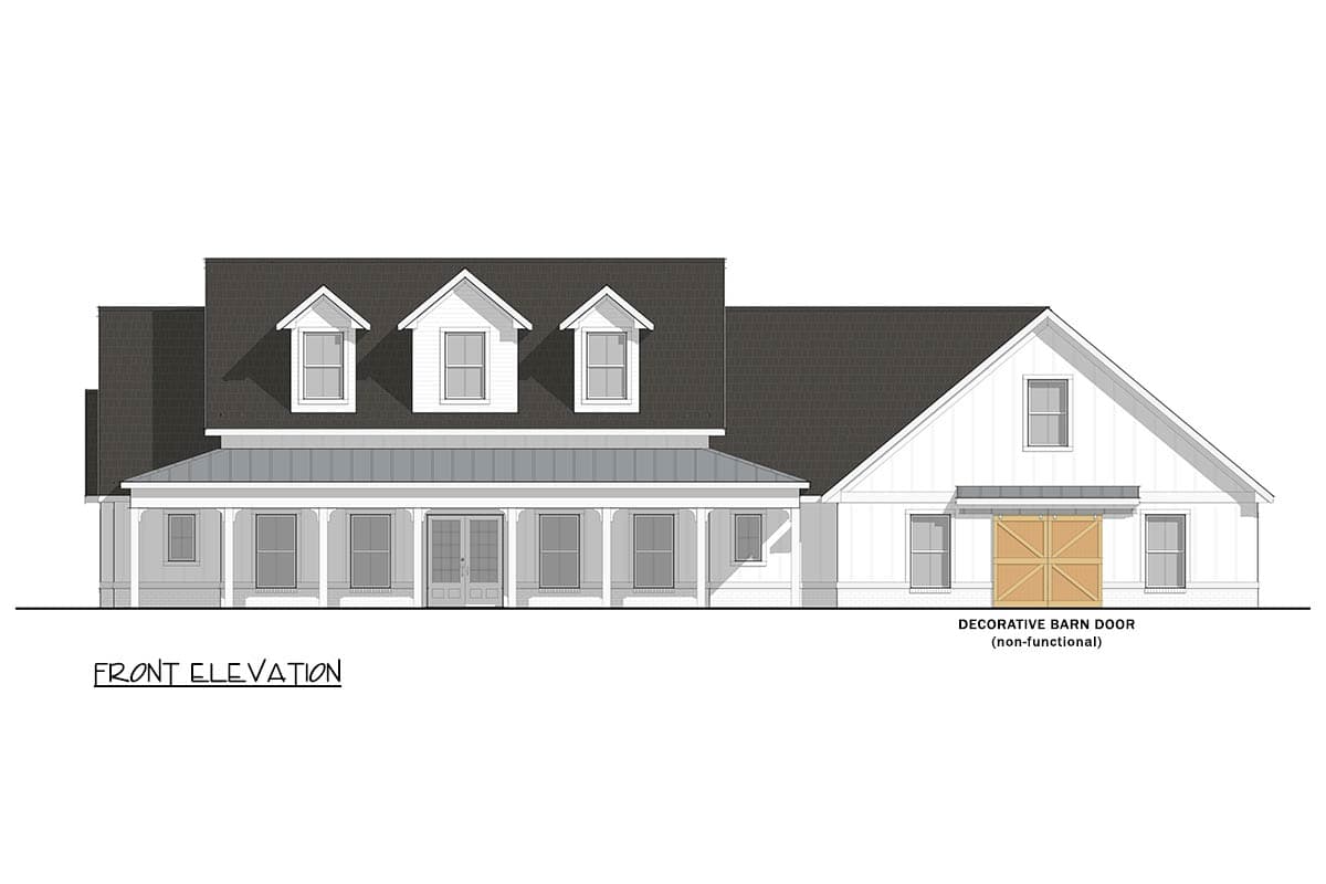Front elevation drawing of a two-story house with dormers, a wrap-around porch, and a decorative barn door.
