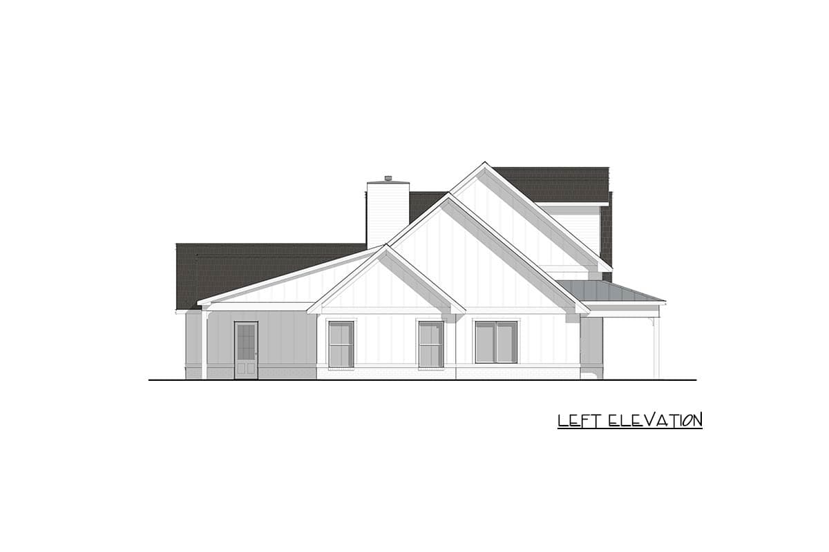 Left elevation drawing of a house plan featuring multiple gables, a covered porch, and a prominent chimney.