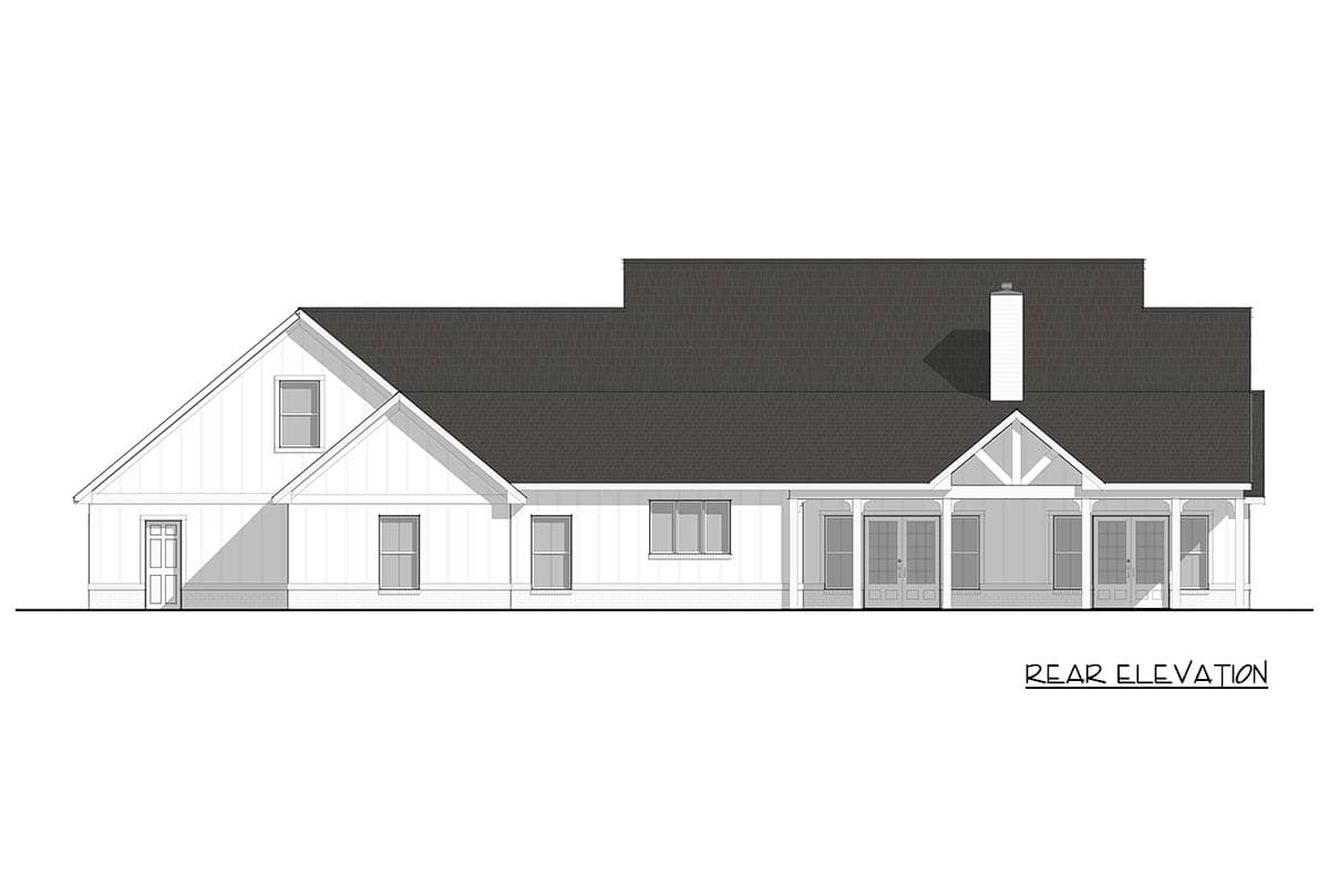 Rear elevation of a house plan showing gables, a covered porch with decorative supports, multiple windows, and a chimney.