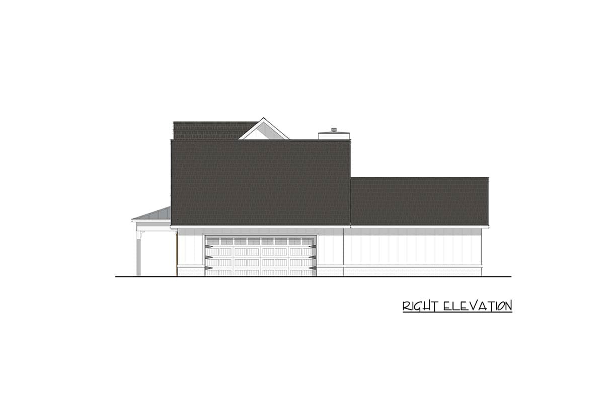 Right elevation house plan showing a two-story structure with a multi-panel garage door and a covered porch.