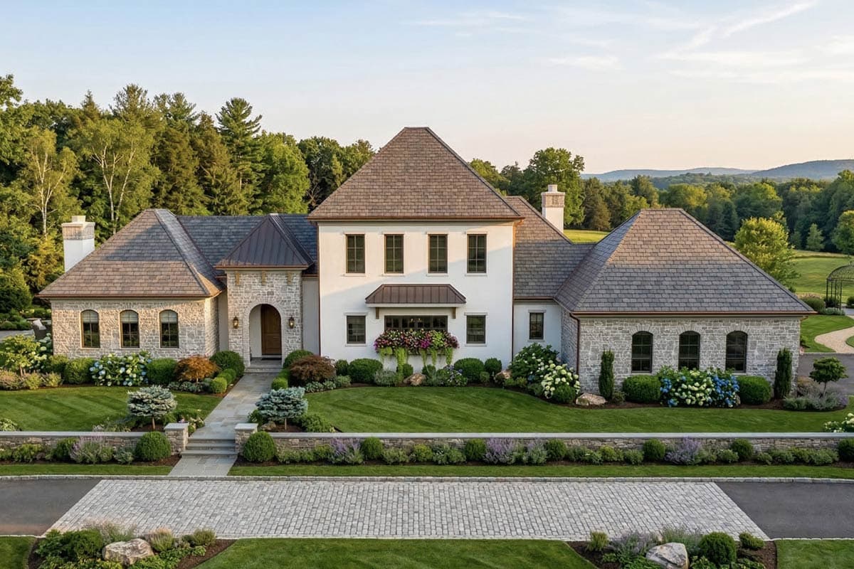 House plan exterior with stone accents, a mansard roof, multiple gables, and a prominent central section.