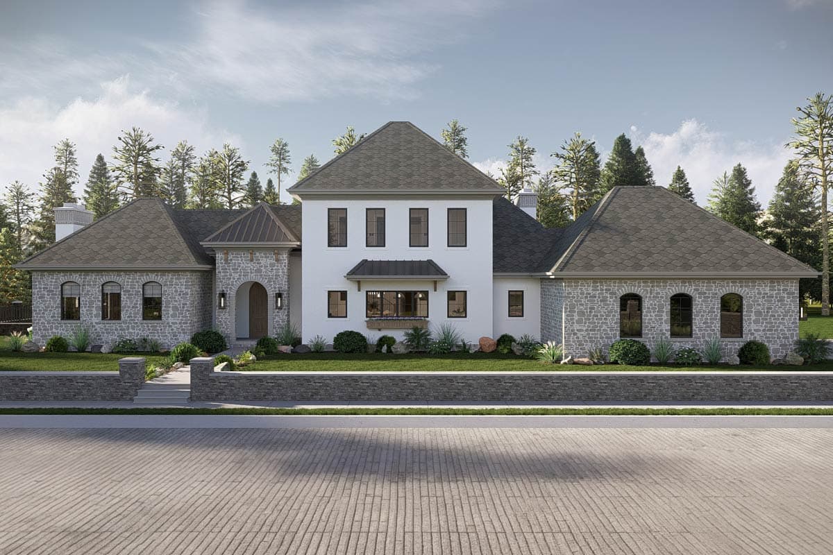 House plan exterior: Two-story home with stone accents, hipped roof, and arched window details.