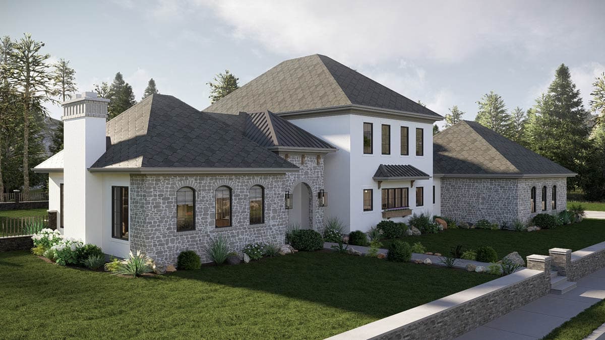 House plan exterior of a two-story home with stone accents, a prominent chimney, and multiple gables.