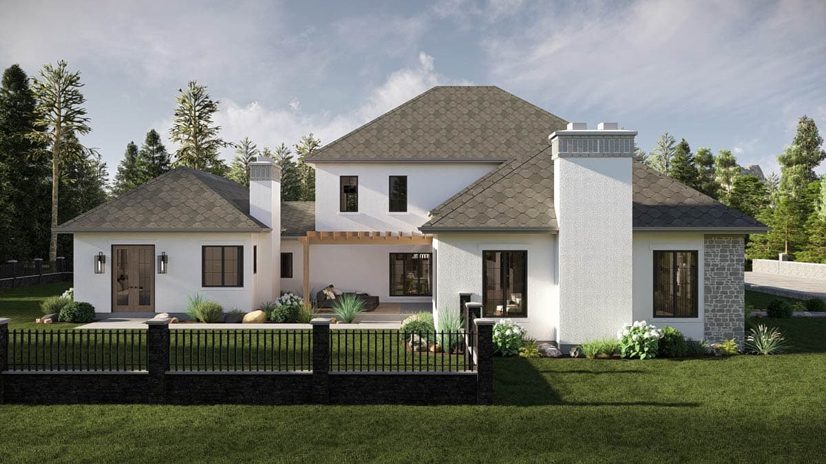 House plan exterior: Two-story modern home with multiple gables, stucco finish, stone accents, and a covered patio.