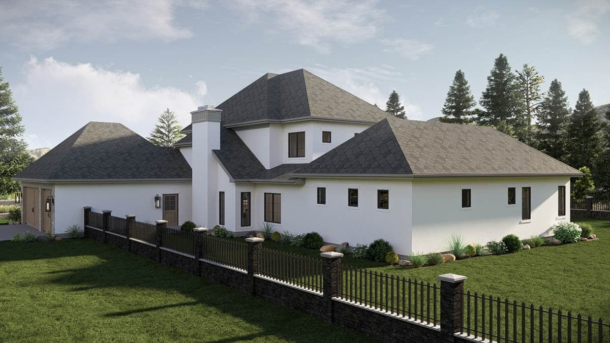 House plan exterior: Modern style, multiple gables, prominent chimney, attached garage, and dark-trimmed windows.