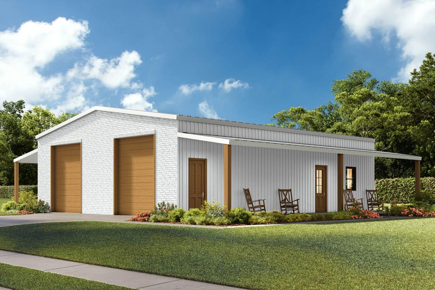 House plan exterior: Modern farmhouse style, single-story, white brick facade with two garage doors and a covered porch.