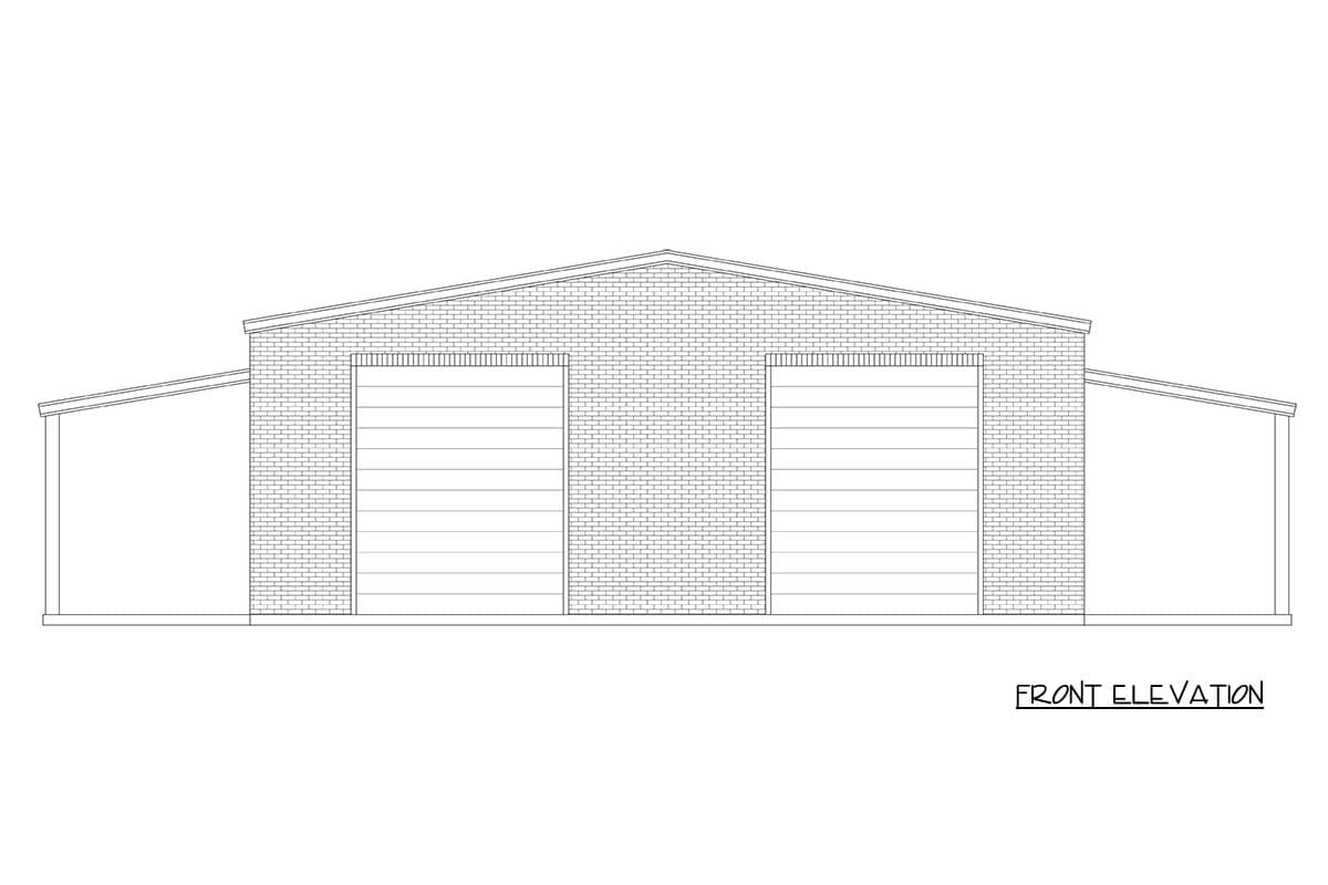 Front elevation drawing of a one-story building with two garage doors and sloped rooflines.