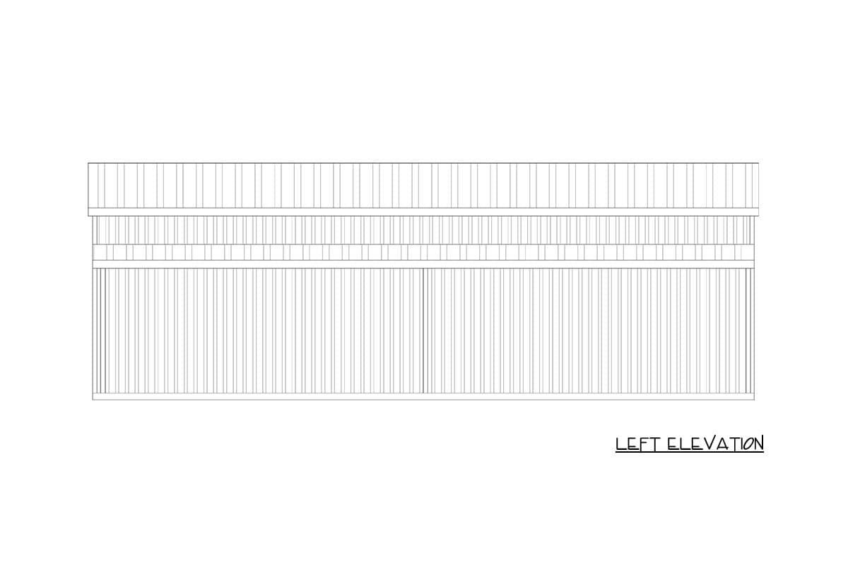 Left elevation drawing showing vertical siding and horizontal banding details.