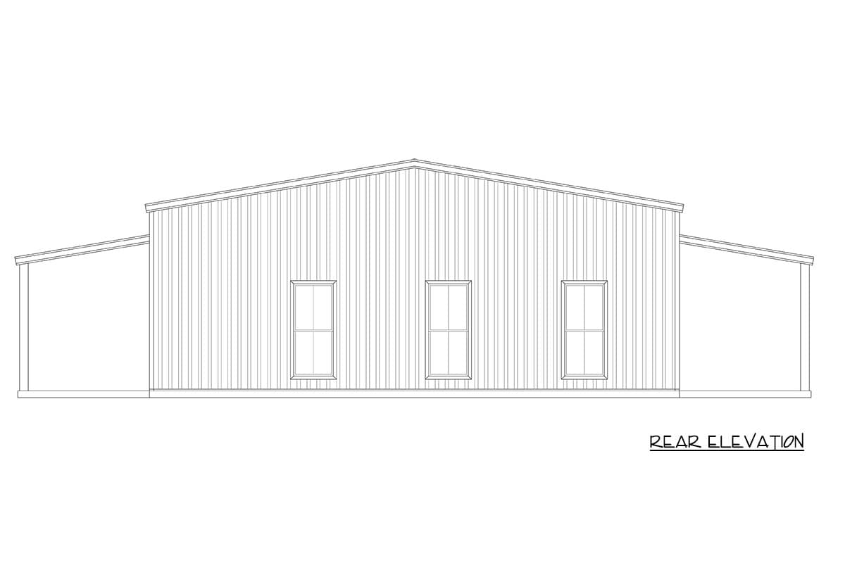 Rear elevation drawing of a house plan featuring a gable roof, vertical siding, and three evenly spaced windows.