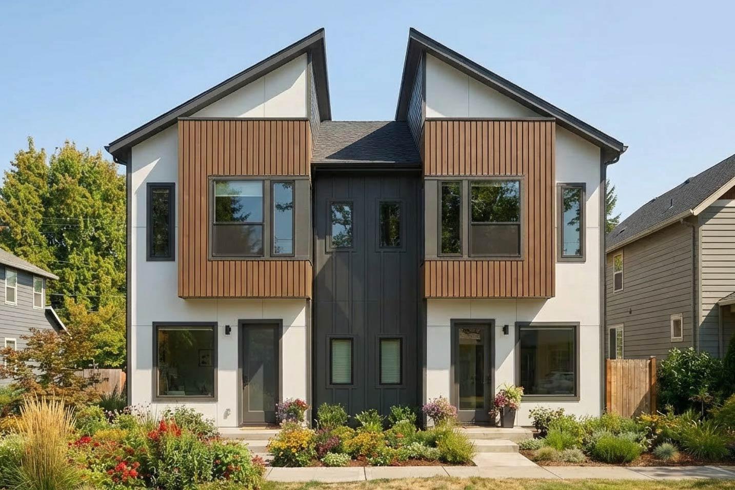 Modern house plan exterior with asymmetrical gables, vertical wood siding accents, and prominent dark-framed windows.