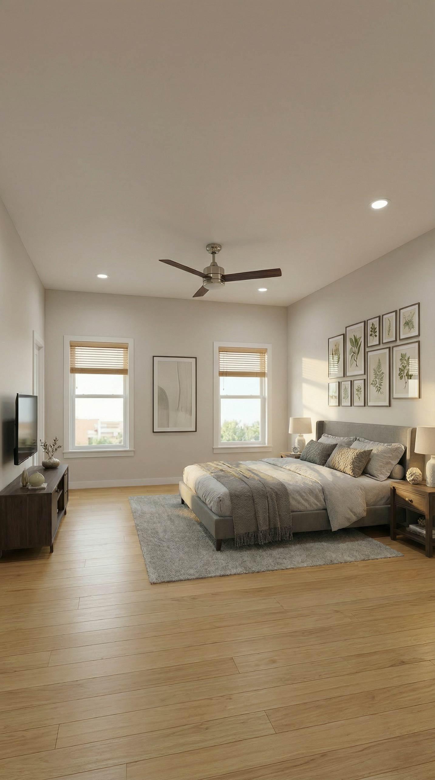 Bedroom interior with king bed, mounted television, ceiling fan, and two windows with blinds.