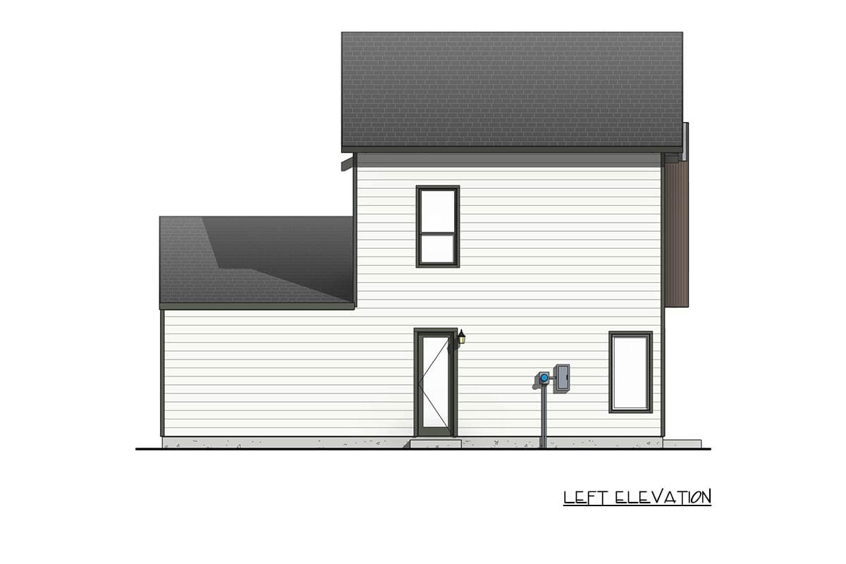 Left elevation of a two-story house plan with horizontal siding, a gabled roof, and one visible exterior door.
