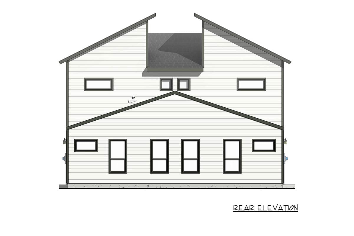 Rear elevation of a two-story house plan with horizontal siding, multiple gables, and a central upper-level brick feature.