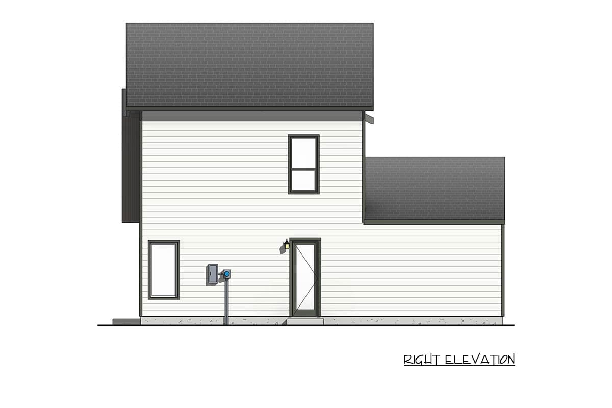 Right elevation house plan: Two-story home with horizontal siding, gable roof, and one exterior door and two windows.