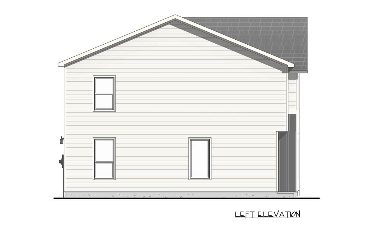 Left elevation drawing of a two-story house plan with horizontal siding, multiple windows, and a gabled roof.