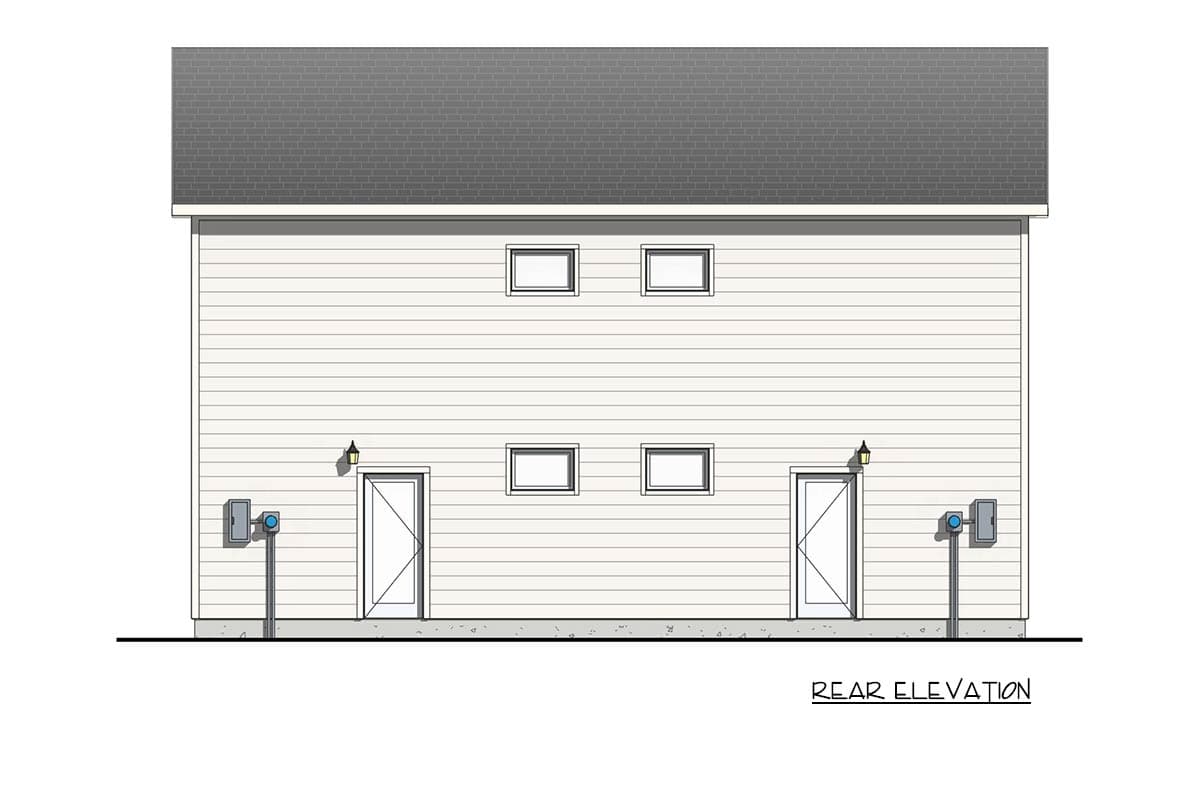 Rear elevation drawing of a house with horizontal siding, two doors, and four windows.