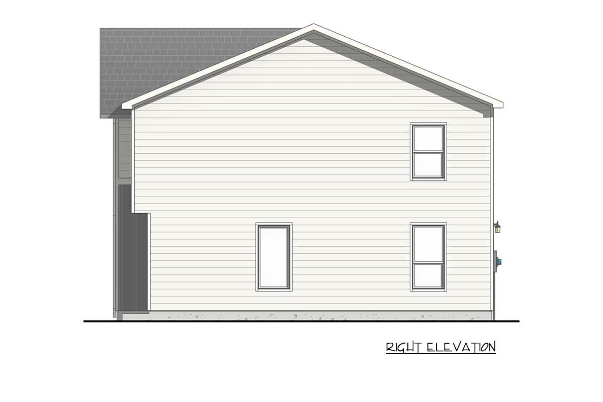 Right elevation house plan drawing of a two-story home with horizontal siding, gable roof, and two windows on the upper level.