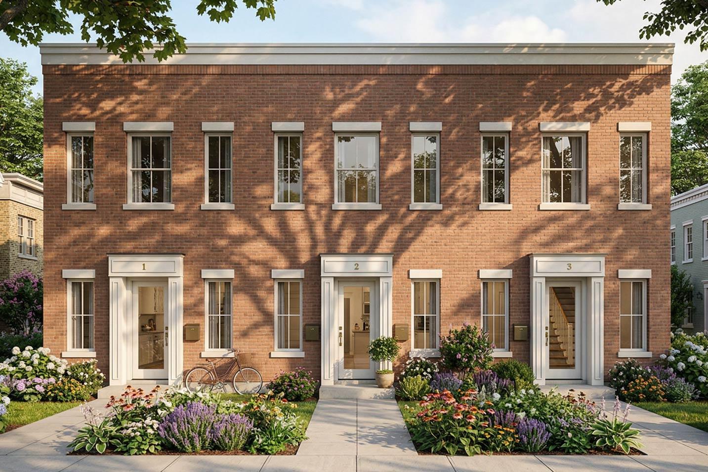 House plan exterior: brick row houses with symmetrical window placement, white trim, and landscaped front yards.