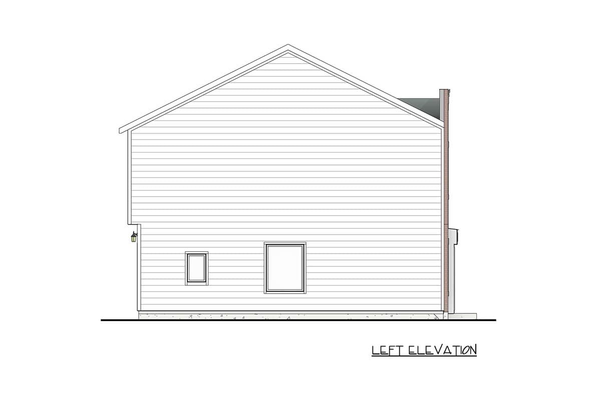 Left elevation of a house plan showing horizontal siding, a gable roof, two windows, and a light fixture.