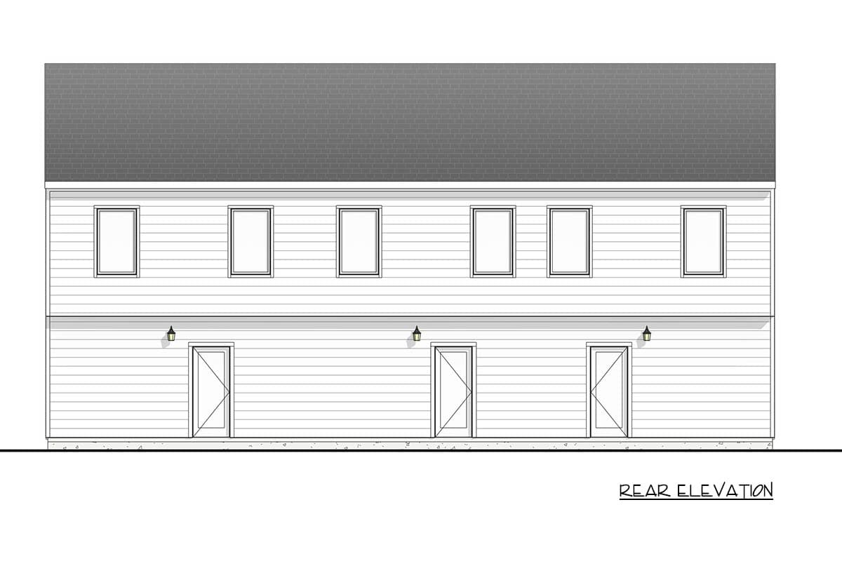 Rear elevation drawing of a two-story house plan with six upper windows and three lower doors.