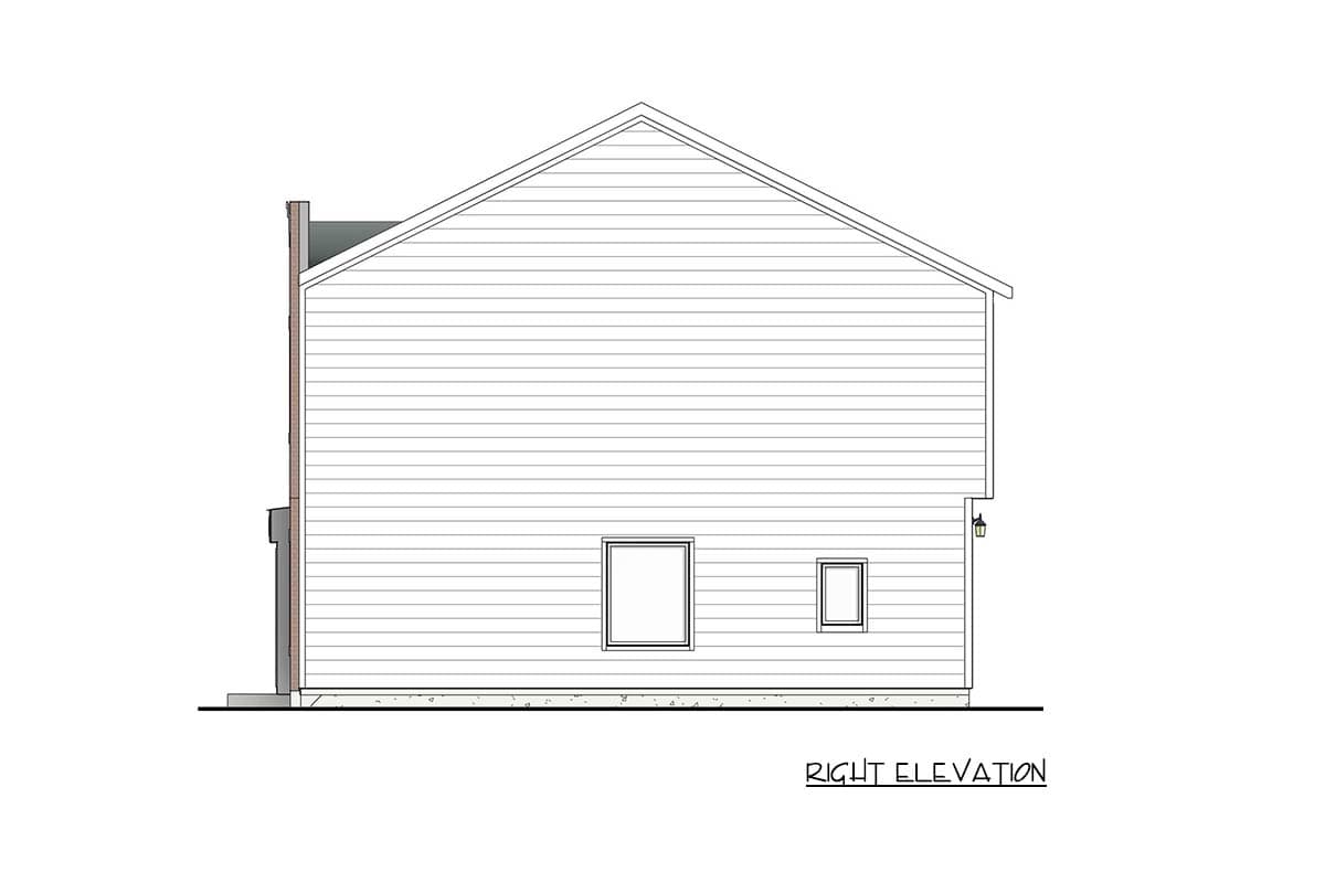 Right elevation drawing of a house plan showing a gable roof, clapboard siding, and two windows.