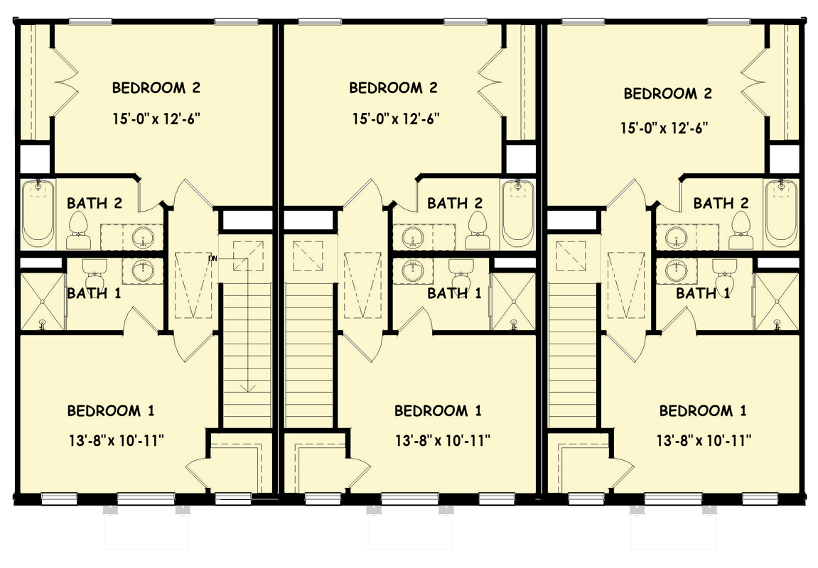 Plan 100371GHR: Traditional Townhome Multi Family Plan with Efficient Layout and Upstairs Suites - Floor Plan - 2nd Floor - Traditional